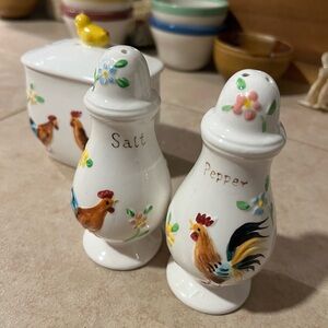 Vintage Enesco Rooster Salt & Pepper Shakers + Canister